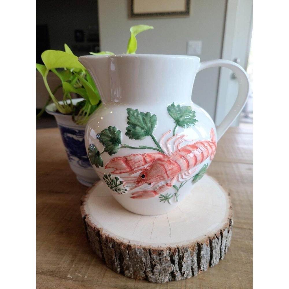 Vintage‎ Ceramic Pitcher Jug 3D Lobster Shrimp Hand Painted Portugal small chip